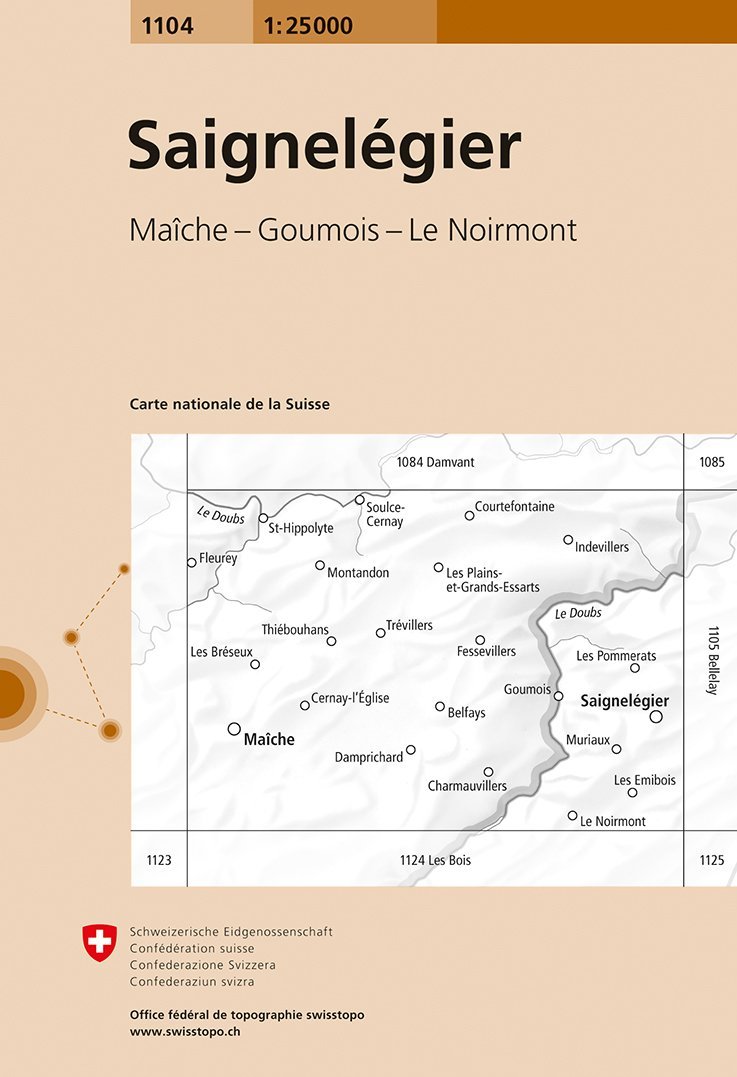 Carte de randonnée n° 1104 - Saignelegier (Suisse) | Swisstopo - 1/25 000 carte pliée Swisstopo 