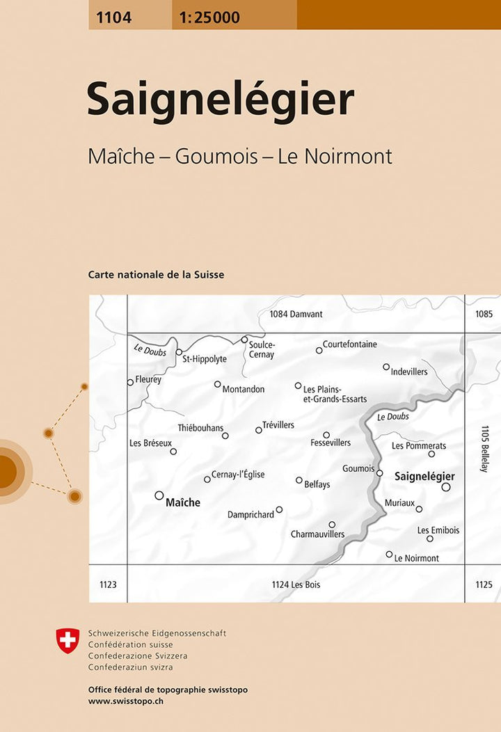 Carte de randonnée n° 1104 - Saignelegier (Suisse) | Swisstopo - 1/25 000 carte pliée Swisstopo 