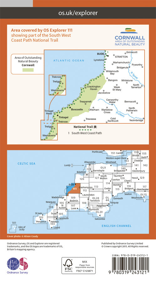 Carte de randonnée n° 111 - Bude, Boscastle, Tintagel (Grande Bretagne) | Ordnance Survey - Explorer carte de randonnée Ordnance Survey