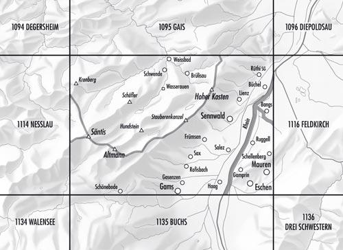 Carte topographique n° 1115 - Santis (Suisse) | Swisstopo - 1/25 000 carte de randonnée Swisstopo