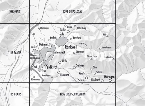 Carte topographique n° 1116 - Feldkirch (Suisse) | Swisstopo - 1/25 000 carte de randonnée Swisstopo
