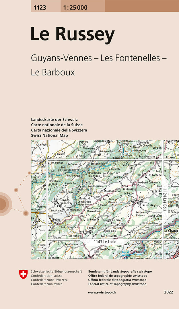 Carte topographique n° 1123 - Russey (le) (Suisse) | Swisstopo - 1/25 000 carte de randonnée Swisstopo