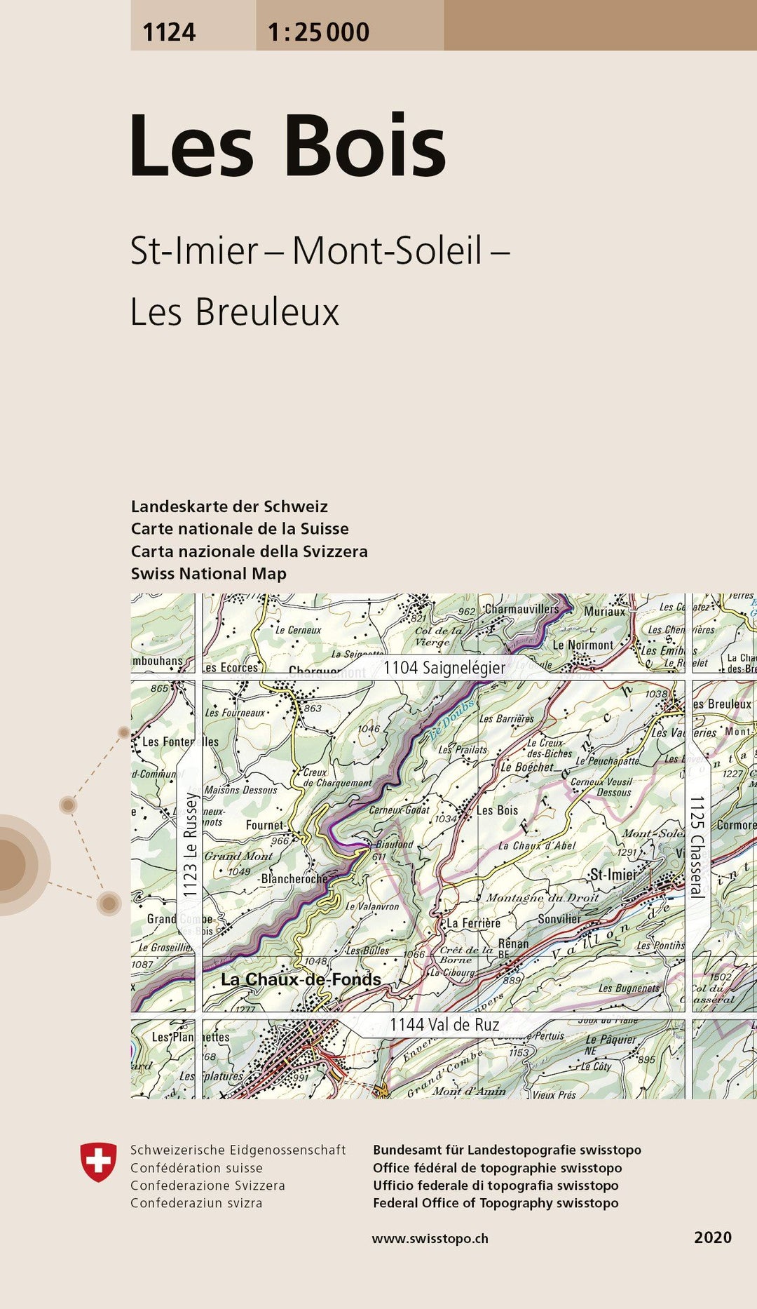 Carte de randonnée n° 1124 - Les Bois (Suisse) | Swisstopo - 1/25 000 carte pliée Swisstopo 