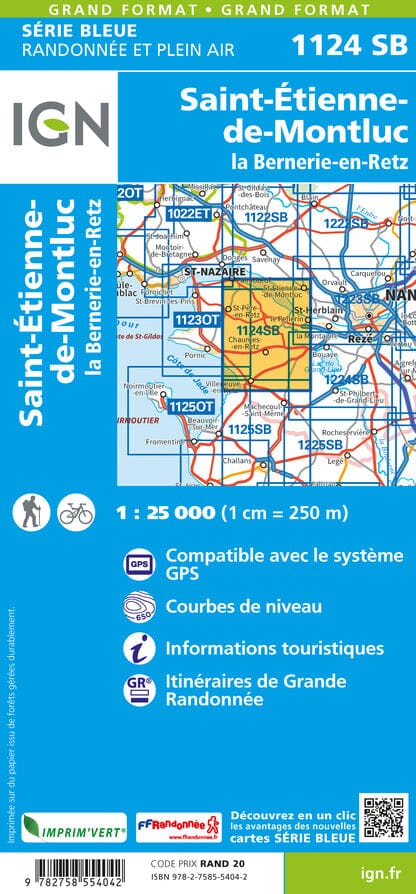 Carte de randonnée n° 1124 - St-Etienne-de-Montluc, la Bernerie-en-Retz | IGN - Série Bleue carte de randonnée IGN