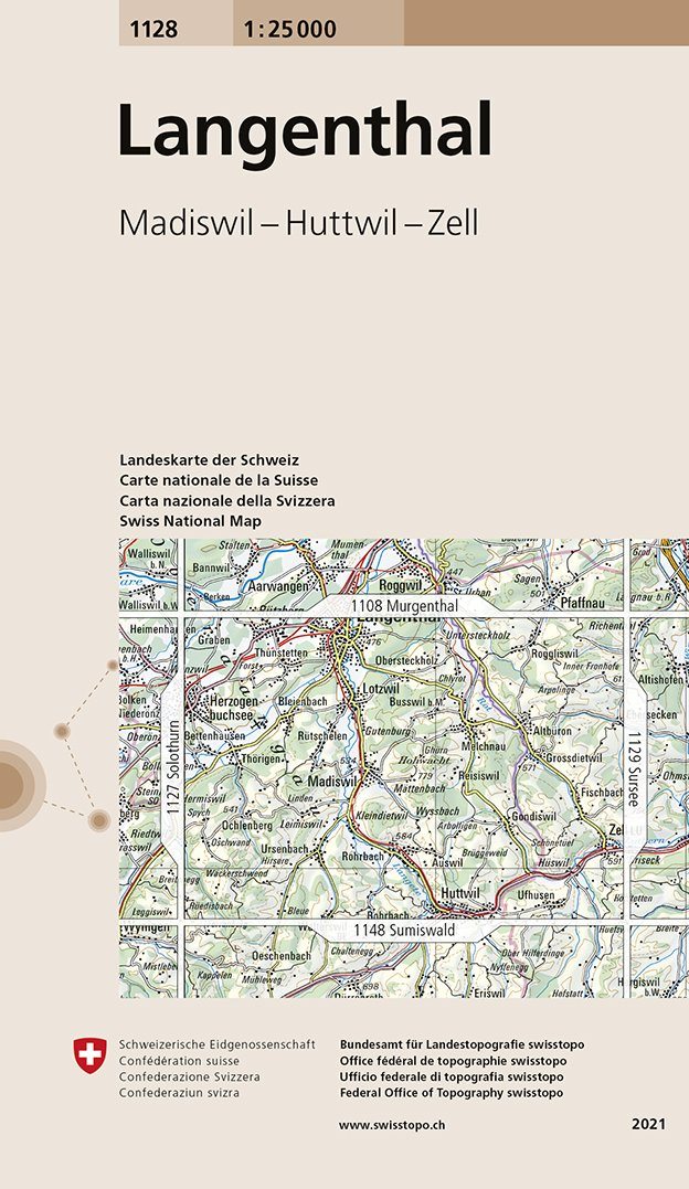 Carte de randonnée n° 1128 - Langenthal (Suisse) | Swisstopo - 1/25 000 carte pliée Swisstopo 
