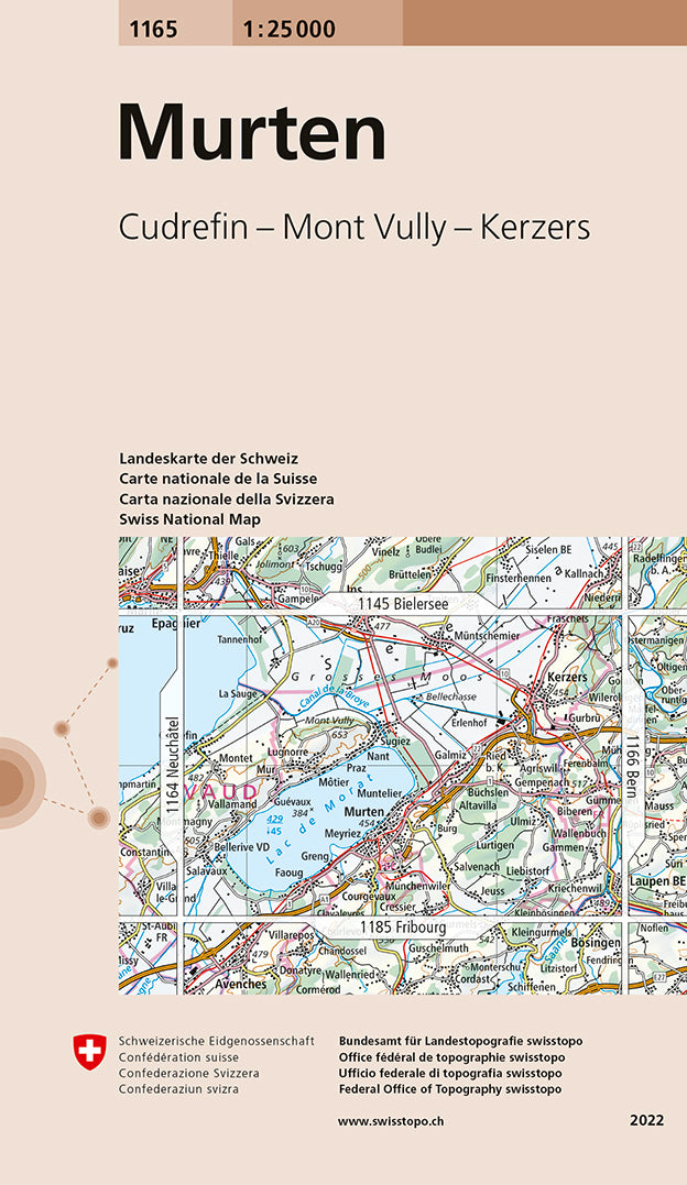 Carte de randonnée n° 1165 - Murten (Suisse) | Swisstopo - 1/25 000 carte pliée Swisstopo 