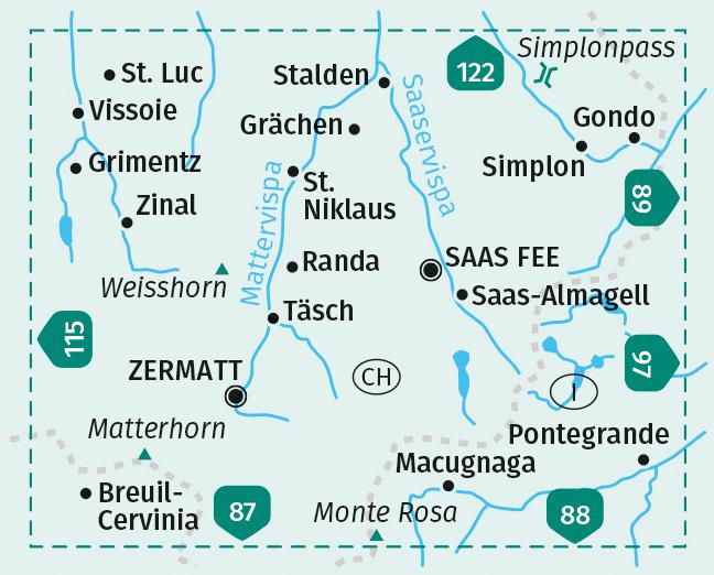 Carte de randonnée n° 117 - Zermatt, Saas Fee (Suisse) | Kompass carte pliée Kompass 