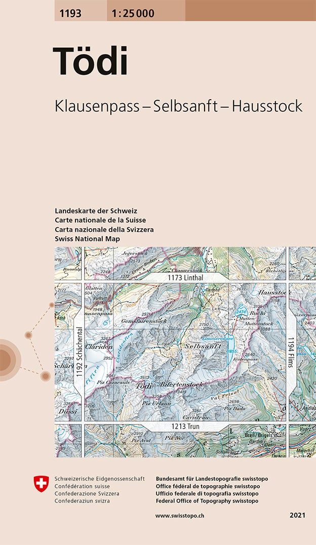Carte de randonnée n° 1193 - Tödi (Suisse) | Swisstopo - 1/25 000 carte pliée Swisstopo 