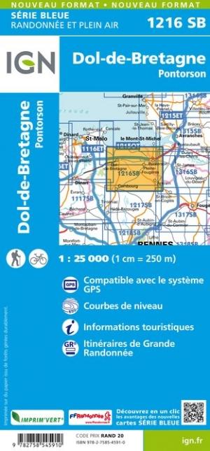 Carte de randonnée n° 1216 - Dol-de-Bretagne, Pontorso | IGN - Série Bleue carte de randonnée IGN