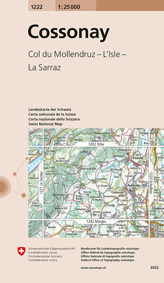 Carte de randonnée n° 1222 - Cossonay (Suisse) | Swisstopo - 1/25 000 carte pliée Swisstopo 