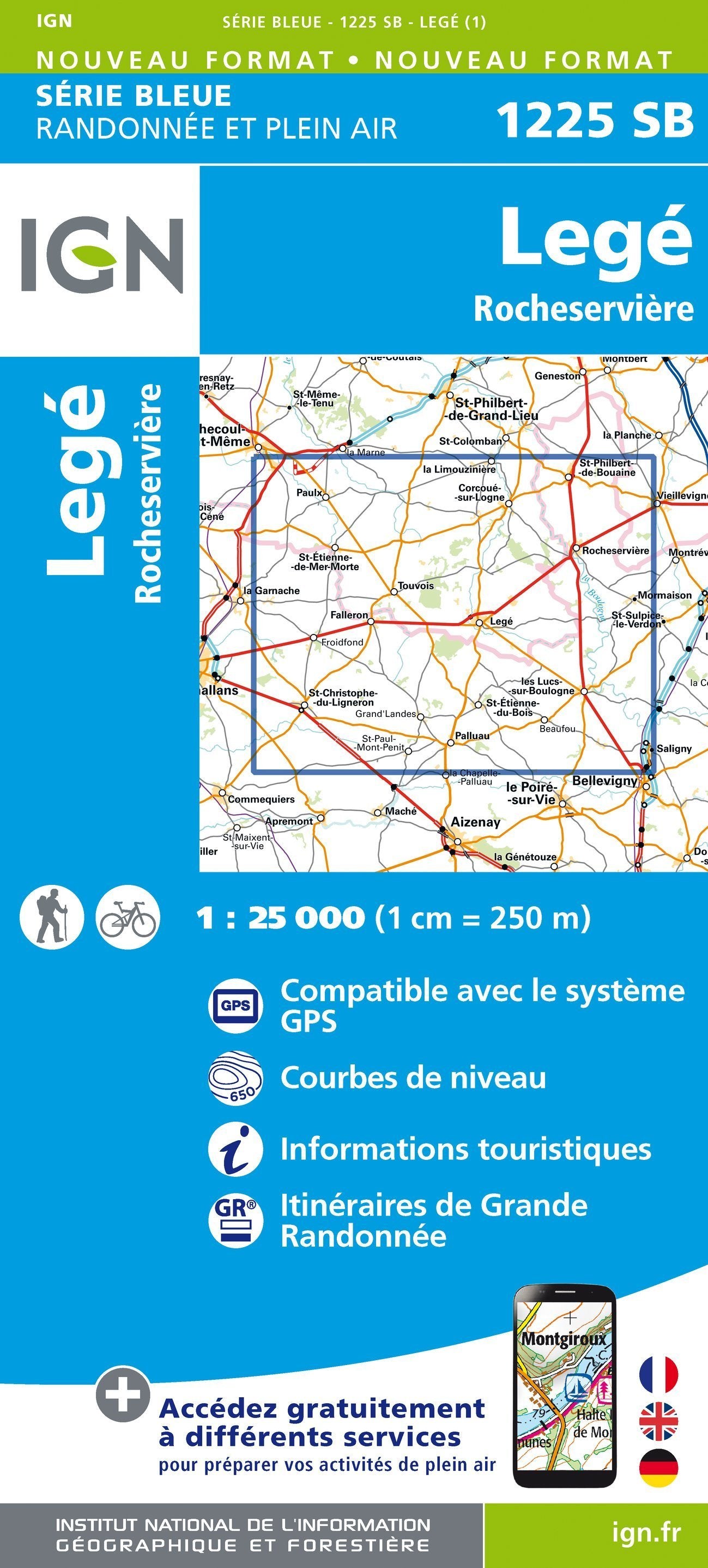 Carte de randonnée n° 1225 - Legé, Rocheservière | IGN - Série Bleue carte de randonnée IGN