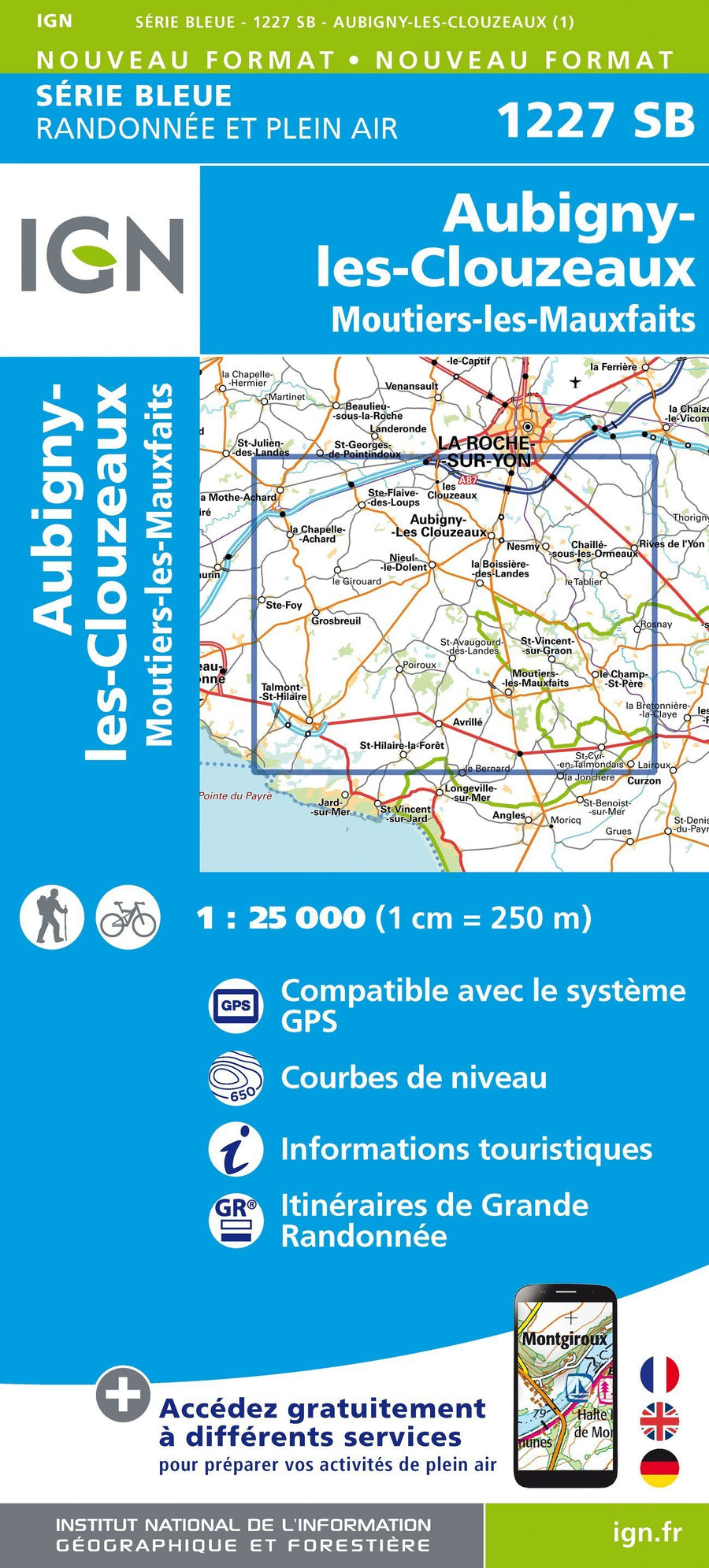 Carte de randonnée n° 1227 - Aubigny-Les-Clouzeaux, Moutiers-les-Mauxfaits | IGN - Série Bleue carte pliée IGN 