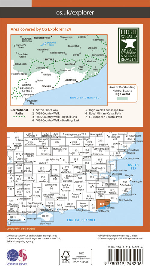 Carte de randonnée n° 124 - Hastings, Bexhill (Grande Bretagne) | Ordnance Survey - Explorer carte pliée Ordnance Survey Papier 