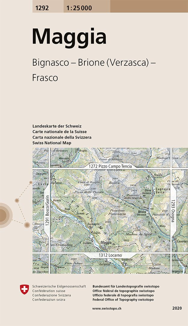 Carte topographique n° 1292 - Maggia (Suisse) | Swisstopo - 1/25 000 carte de randonnée Swisstopo