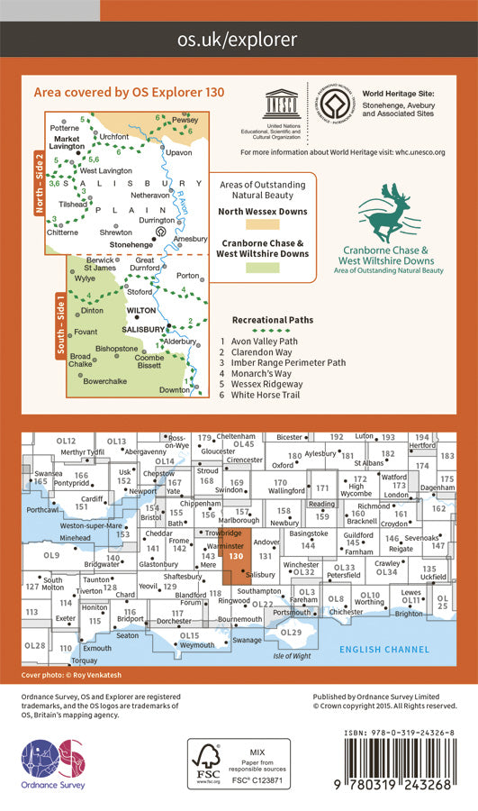 Carte de randonnée n° 130 - Salisbury, Stonehenge (Grande Bretagne) | Ordnance Survey - Explorer carte de randonnée Ordnance Survey