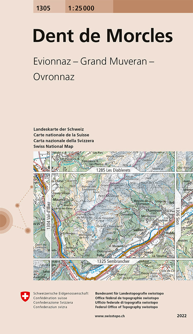 Carte topographique n° 1305 - Dent de Morcles (Suisse) | Swisstopo - 1/25 000 carte de randonnée Swisstopo