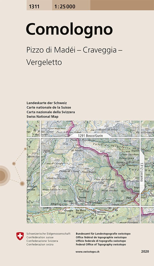 Carte topographique n° 1311 - Comologno (Suisse) | Swisstopo - 1/25 000 carte de randonnée Swisstopo