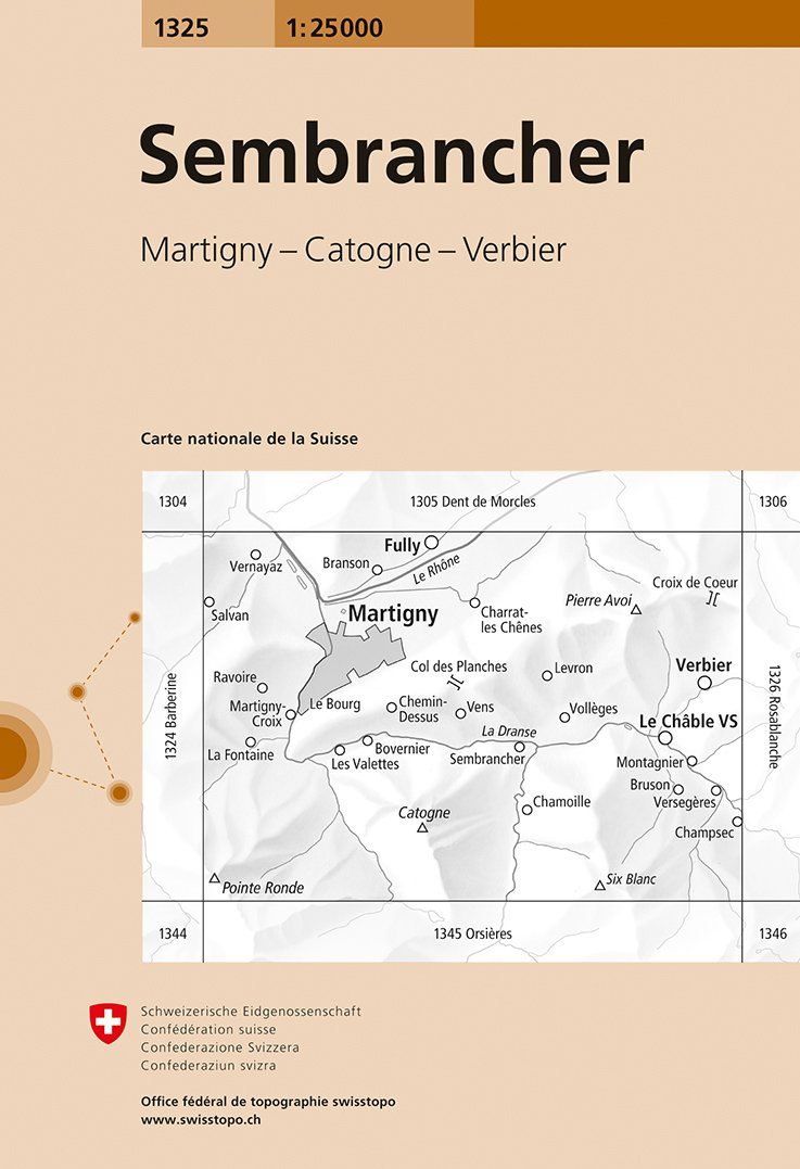 Carte de randonnée n° 1325 - Sembrancher (Suisse) | Swisstopo - 1/25 000 carte pliée Swisstopo 