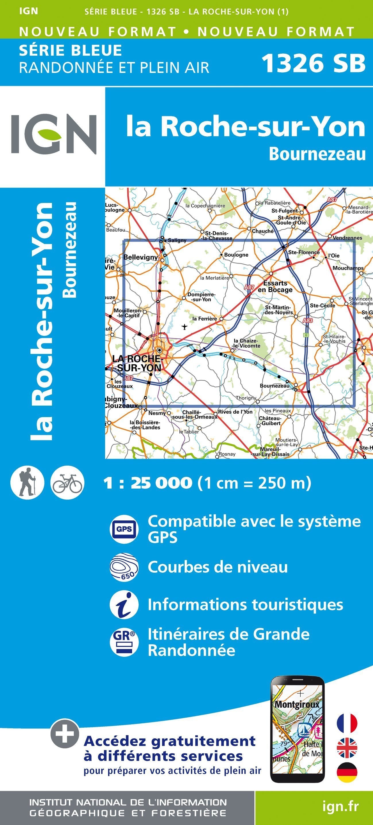 Carte de randonnée n° 1326 - La Roche-sur-Yon, Bournezeau | IGN - Série Bleue carte de randonnée IGN
