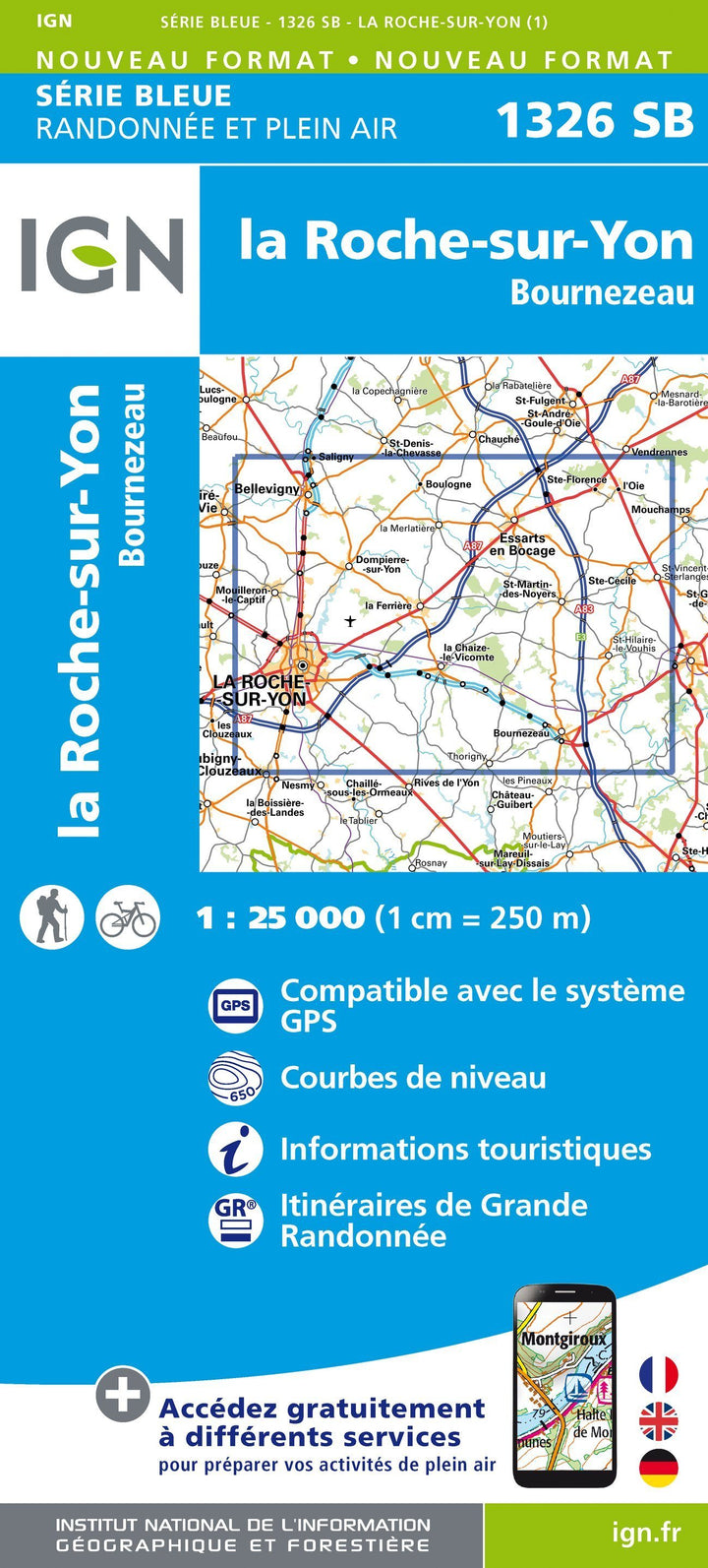 Carte de randonnée n° 1326 - La Roche-sur-Yon, Bournezeau | IGN - Série Bleue carte pliée IGN 