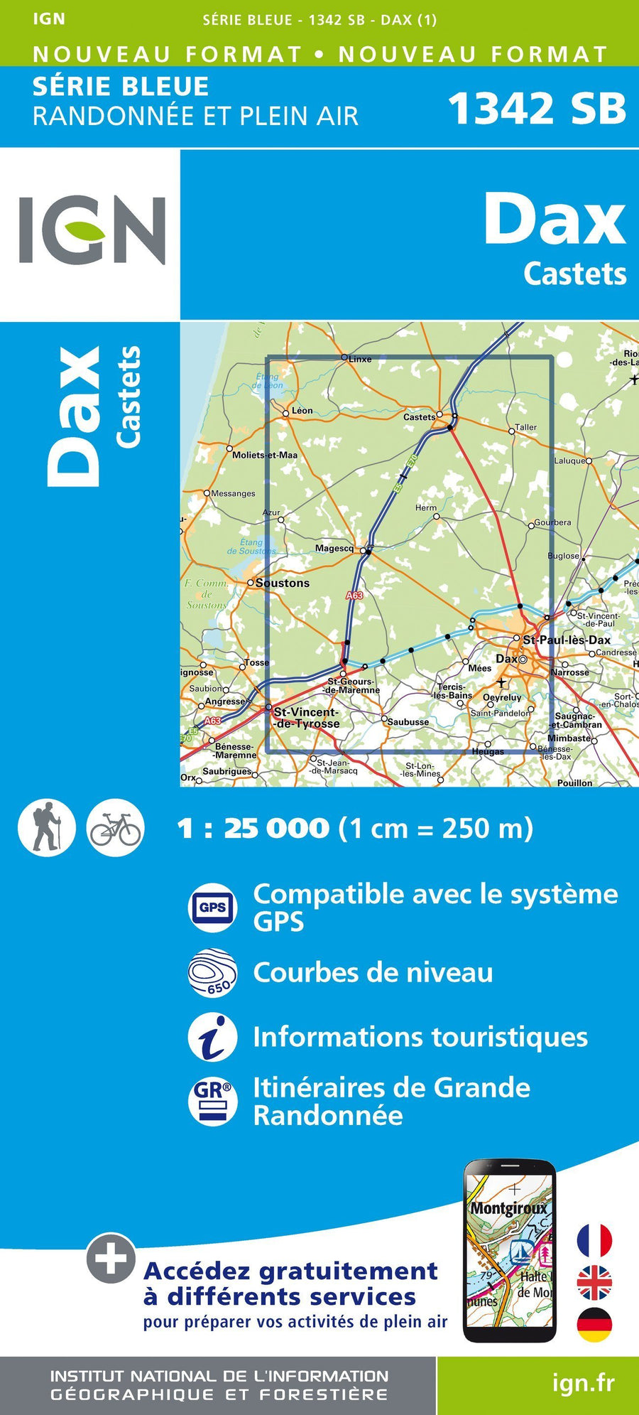 Carte de randonnée n° 1342 - Dax, Castets | IGN - Série Bleue carte pliée IGN 