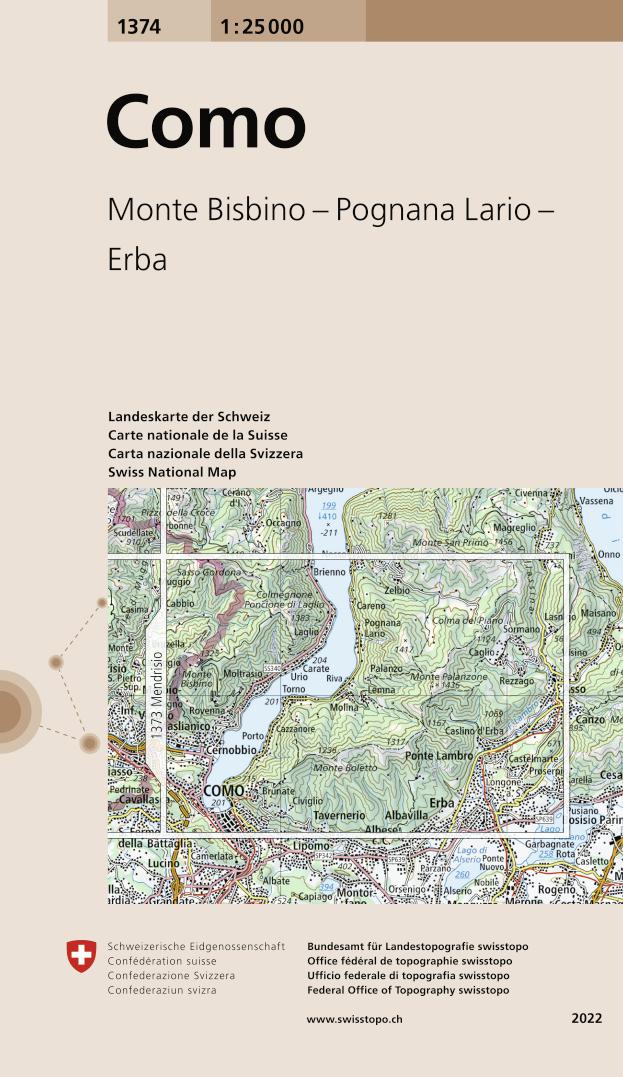 Carte topographique n° 1374 - Como | Swisstopo - 1/25 000 carte de randonnée Swisstopo