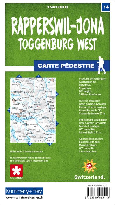 Carte de randonnée n° 14 - Rapperswil-Jona, Toggenburg West (Suisse) | Kümmerly & Frey-1/40 000 carte de randonnée Kümmerly & Frey