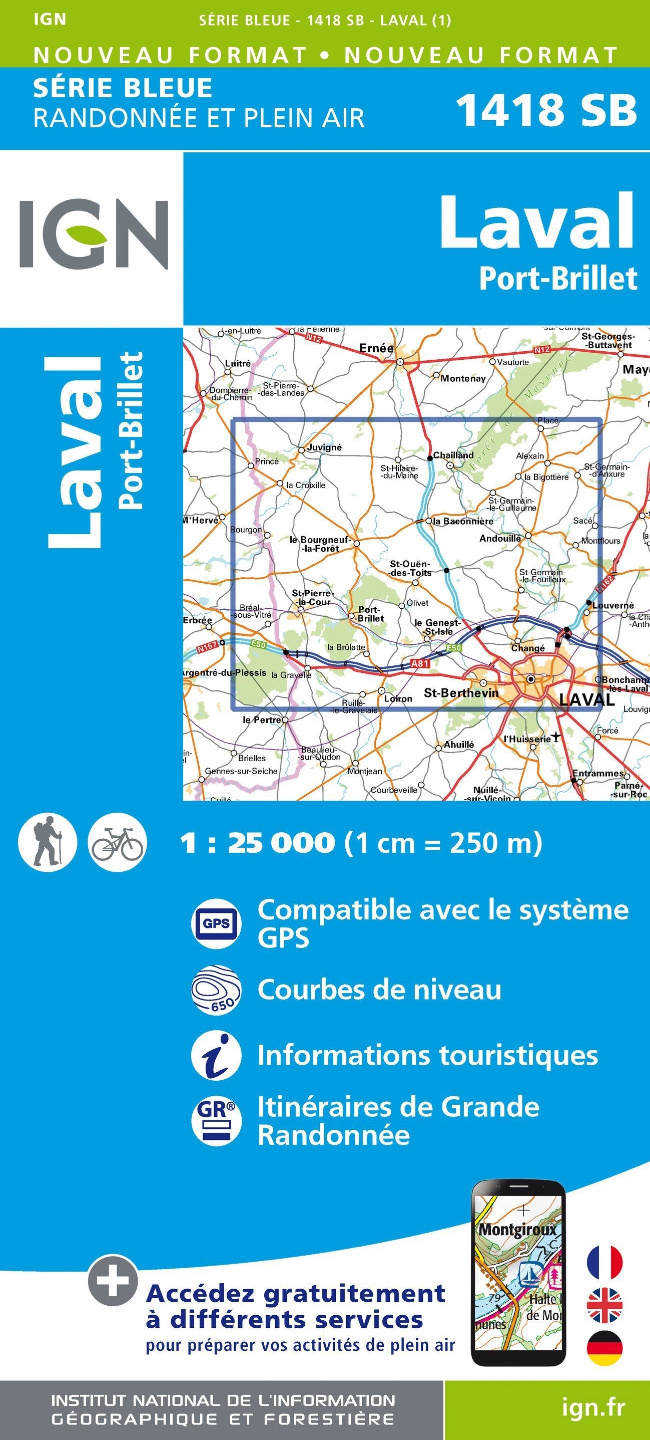 Carte de randonnée n° 1418 - Laval, Port-Brillet | IGN - Série Bleue carte de randonnée IGN Default Title