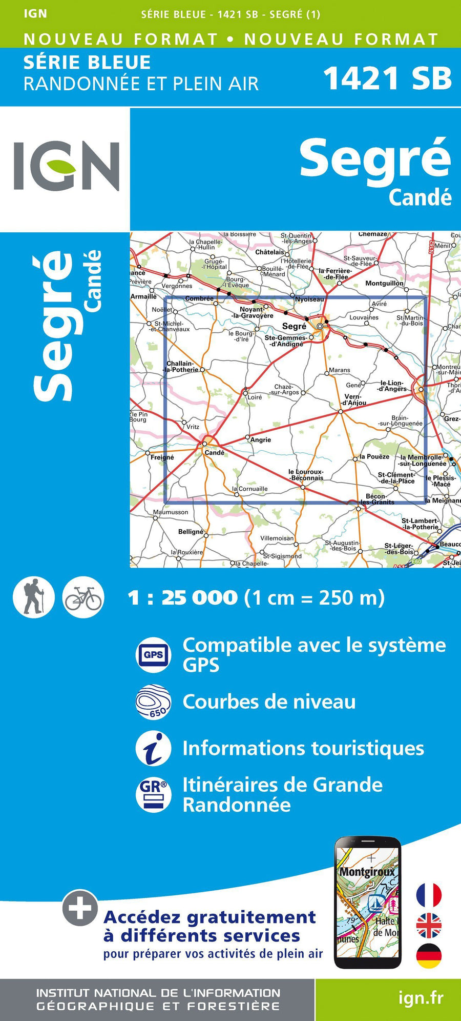 Carte de randonnée n° 1421 - Segré, Candé | IGN - Série Bleue carte pliée IGN 