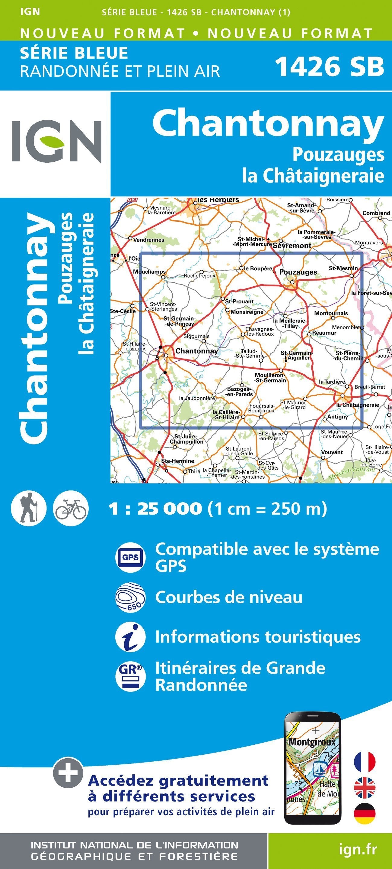 Carte de randonnée n° 1426 - Chantonnay, Pouzauges, La Châtaigneraie | IGN - Série Bleue carte de randonnée IGN