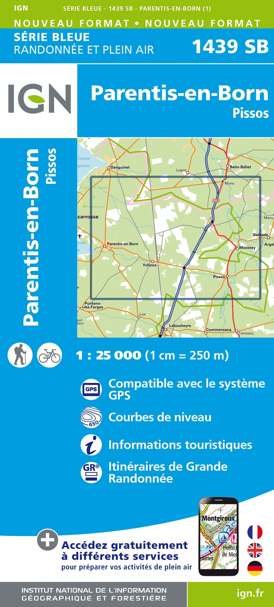 Carte de randonnée n° 1439 - Parentis-en-Born, Pissos | IGN - Série Bleue carte pliée IGN 