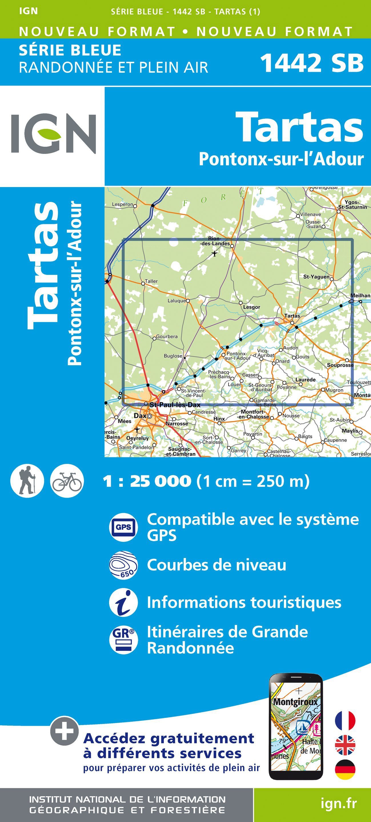 Carte de randonnée n° 1442 - Tartas, Pontonx-sur-l'Adour | IGN - Série Bleue carte de randonnée IGN Default Title