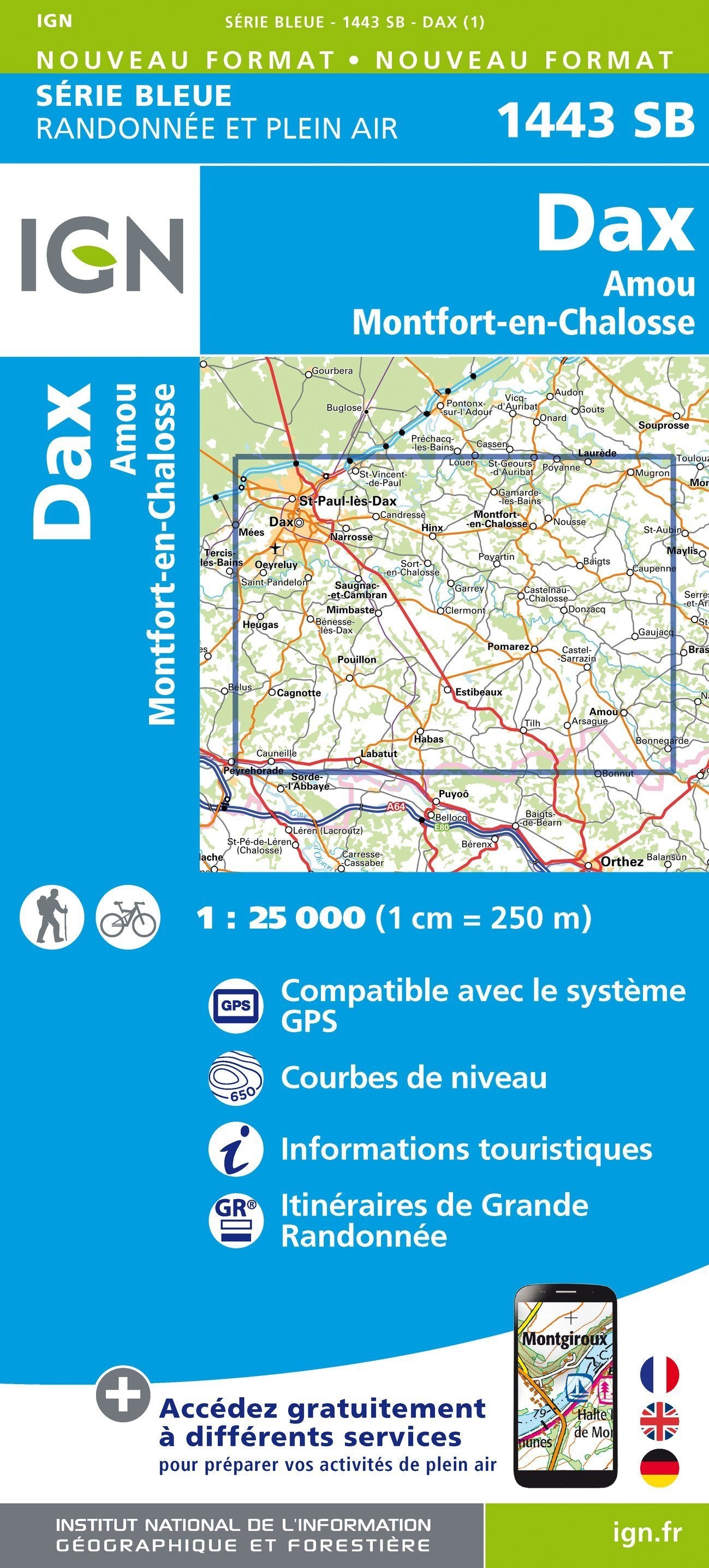 Carte de randonnée n° 1443 - Dax, Amou, Montfort-en-Chalosse | IGN - Série Bleue carte de randonnée IGN Default Title