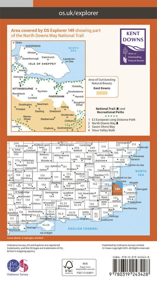 Carte de randonnée n° 149 - Sittingbourne, Faversham (Grande Bretagne) | Ordnance Survey - Explorer carte pliée Ordnance Survey Papier 