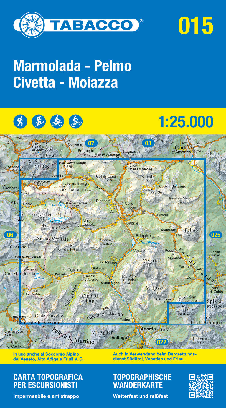 Carte de randonnée n° 15 - Marmolada, Pelmo et Civetta (Dolomites, Italie) | Tabacco carte pliée Tabacco 