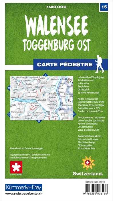 Carte de randonnée n° 15 - Walensee, Toggenburg-Ost (Suisse) | Kümmerly & Frey-1/40 000 carte pliée Kümmerly & Frey 