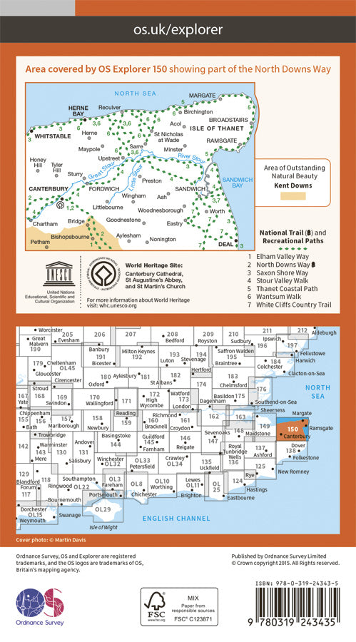 Carte de randonnée n° 150 - Canterbury, Isle of Thanet (Grande Bretagne) | Ordnance Survey - Explorer carte de randonnée Ordnance Survey