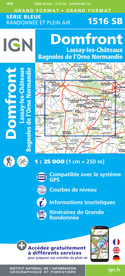 Carte de randonnée n° 1516 - Domfront, Lassay-les-Châteaux, Bagnoles-de-l'Orne | IGN - Série Bleue carte pliée IGN 
