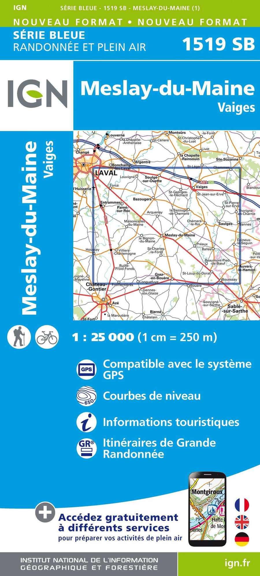 Carte de randonnée n° 1519 - Meslay-du-Maine, Vaiges | IGN - Série Bleue carte pliée IGN 