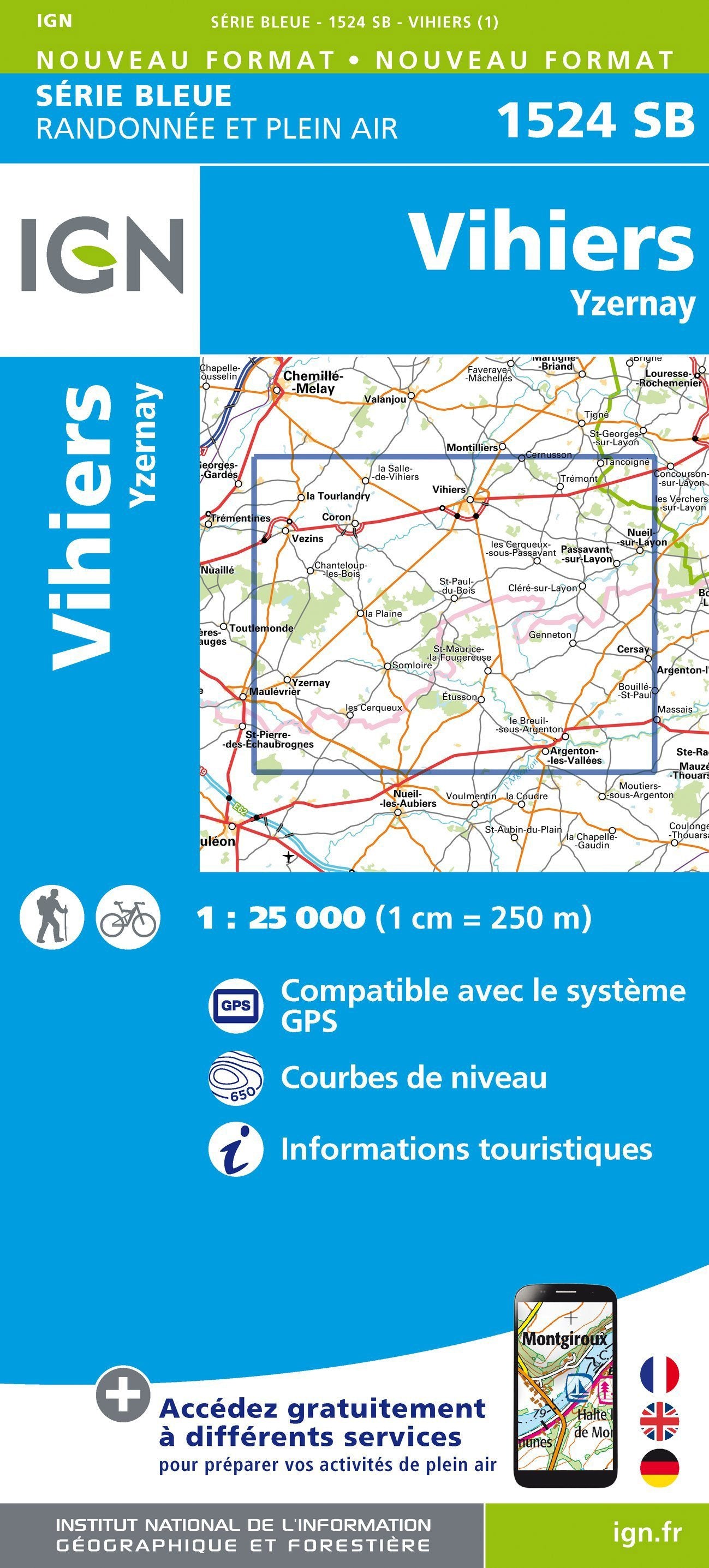 Carte de randonnée n° 1524 - Vihiers, Yzernay | IGN - Série Bleue carte de randonnée IGN Default Title