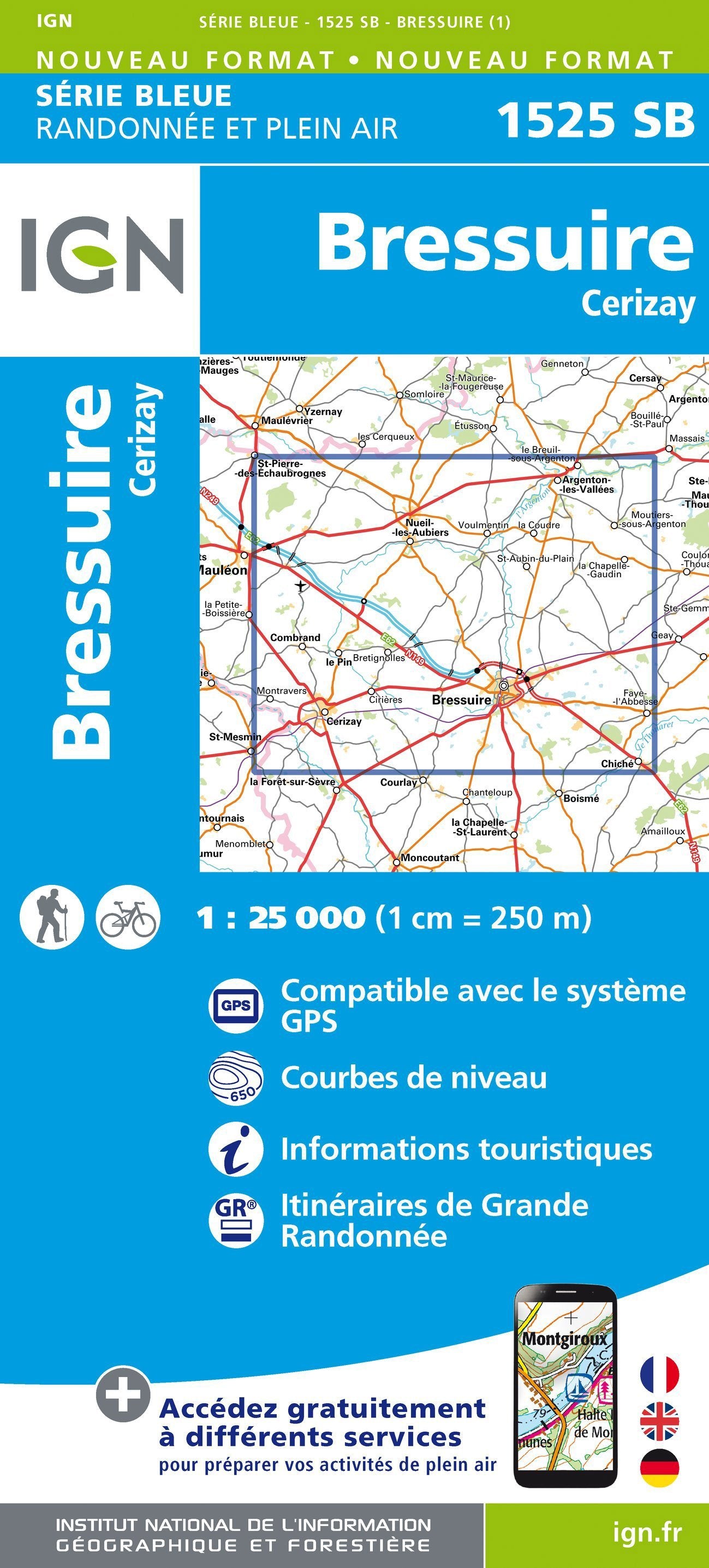 Carte de randonnée n° 1525 - Bressuire, Cerizay | IGN - Série Bleue carte de randonnée IGN Default Title