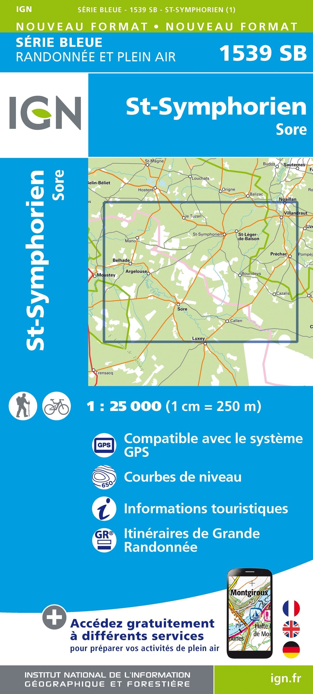 Carte de randonnée n° 1539 - St-Symphorien, Sore | IGN - Série Bleue carte de randonnée IGN Default Title