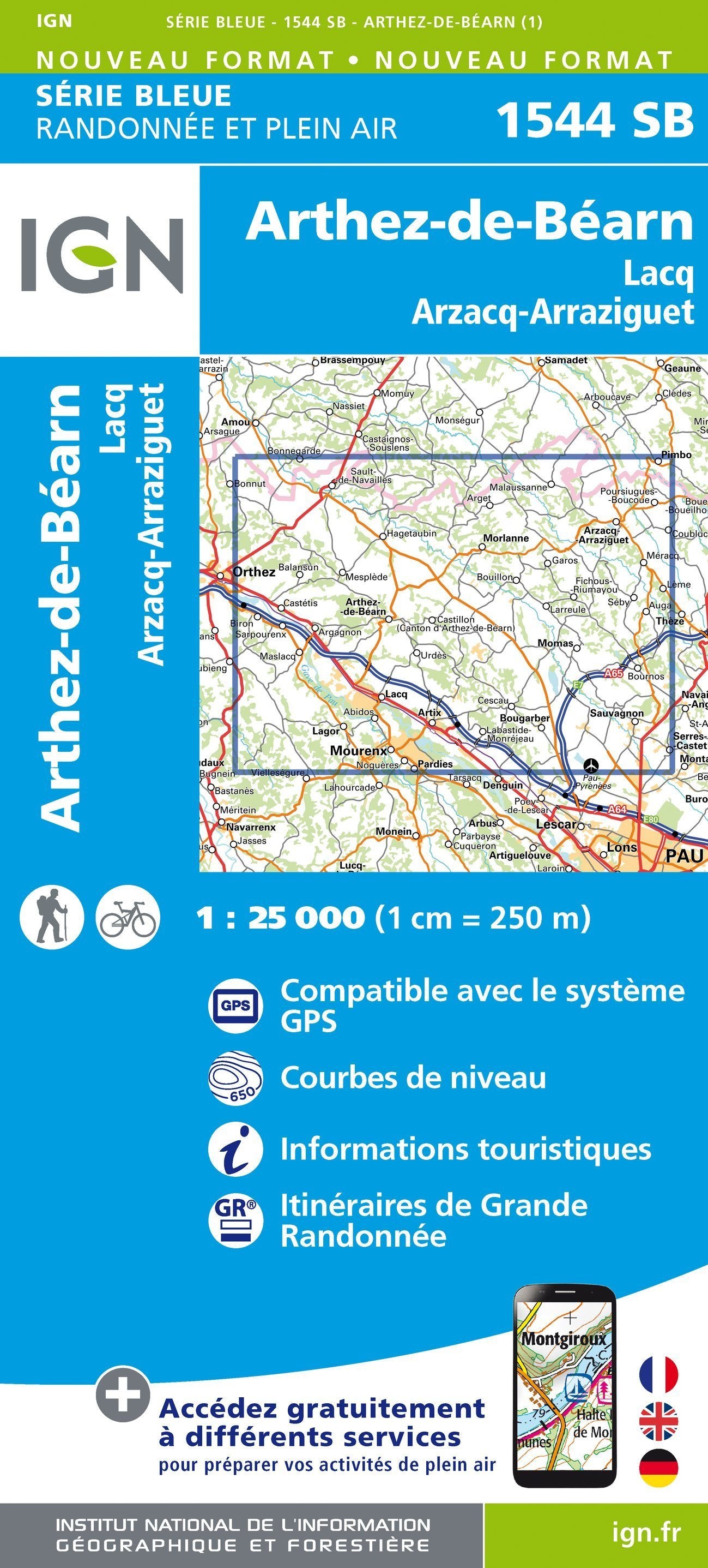 Carte de randonnée n° 1544 - Arthez-de-Béarn, Lacq, Arzacq-Arraziguet | IGN - Série Bleue carte de randonnée IGN Default Title
