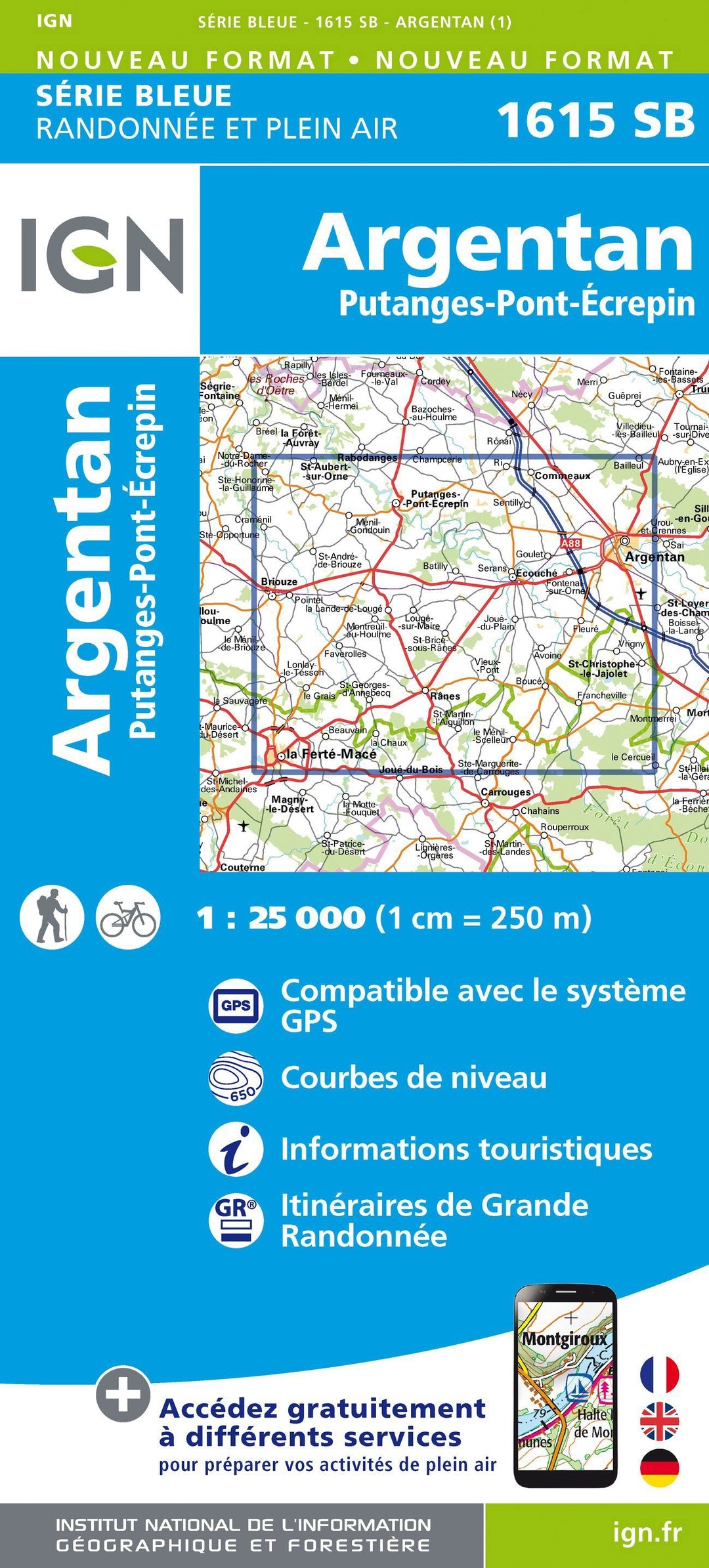 Carte de randonnée n° 1615 - Argentan, Putanges-Pont-Ecrepin | IGN - Série Bleue carte pliée IGN 