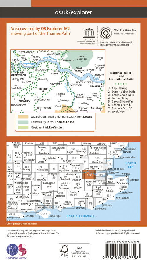 Carte de randonnée n° 162 - Greenwich, Gravesend (Grande Bretagne) | Ordnance Survey - Explorer carte de randonnée Ordnance Survey