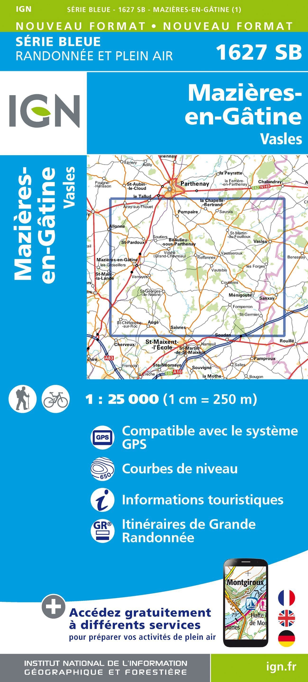 Carte de randonnée n° 1627 - Mazières-en-Gâtine, Vasles | IGN - Série Bleue carte de randonnée IGN Default Title