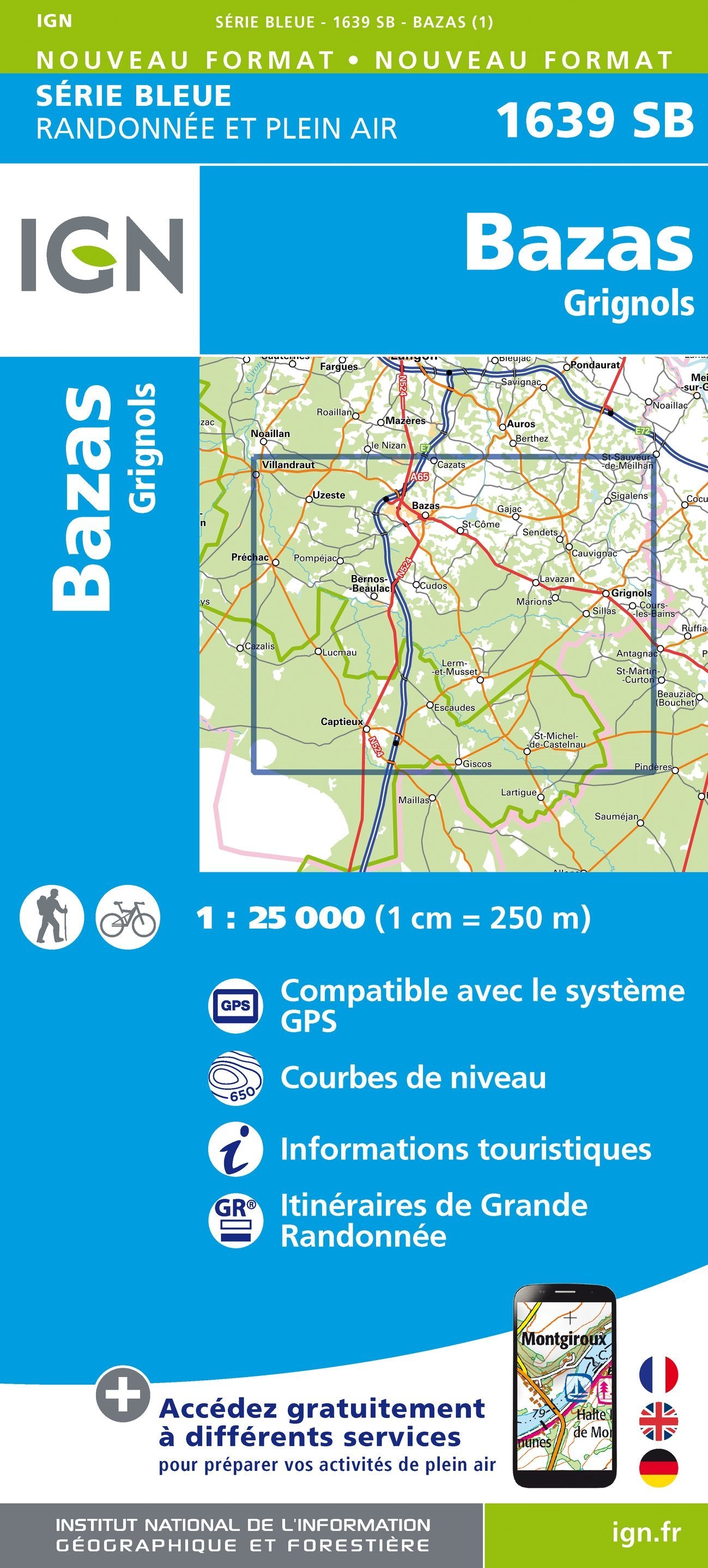Carte de randonnée n° 1639 - Bazas, Grignols | IGN - Série Bleue carte de randonnée IGN Default Title