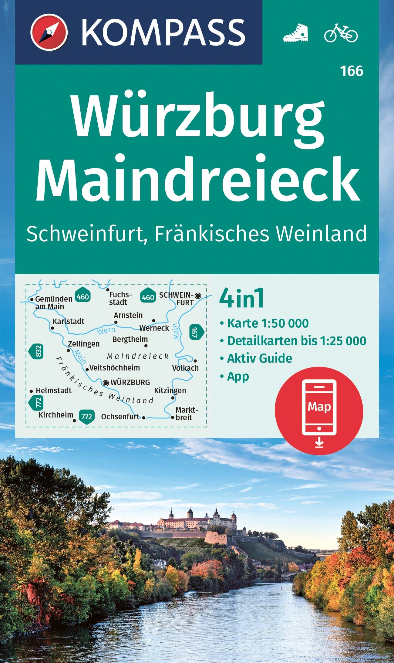 Carte de randonnée n° 166 - Würzburg, Maindreieck, Schweinfurt, Fränkisches Weinland (Allemagne) | Kompass carte de randonnée Kompass