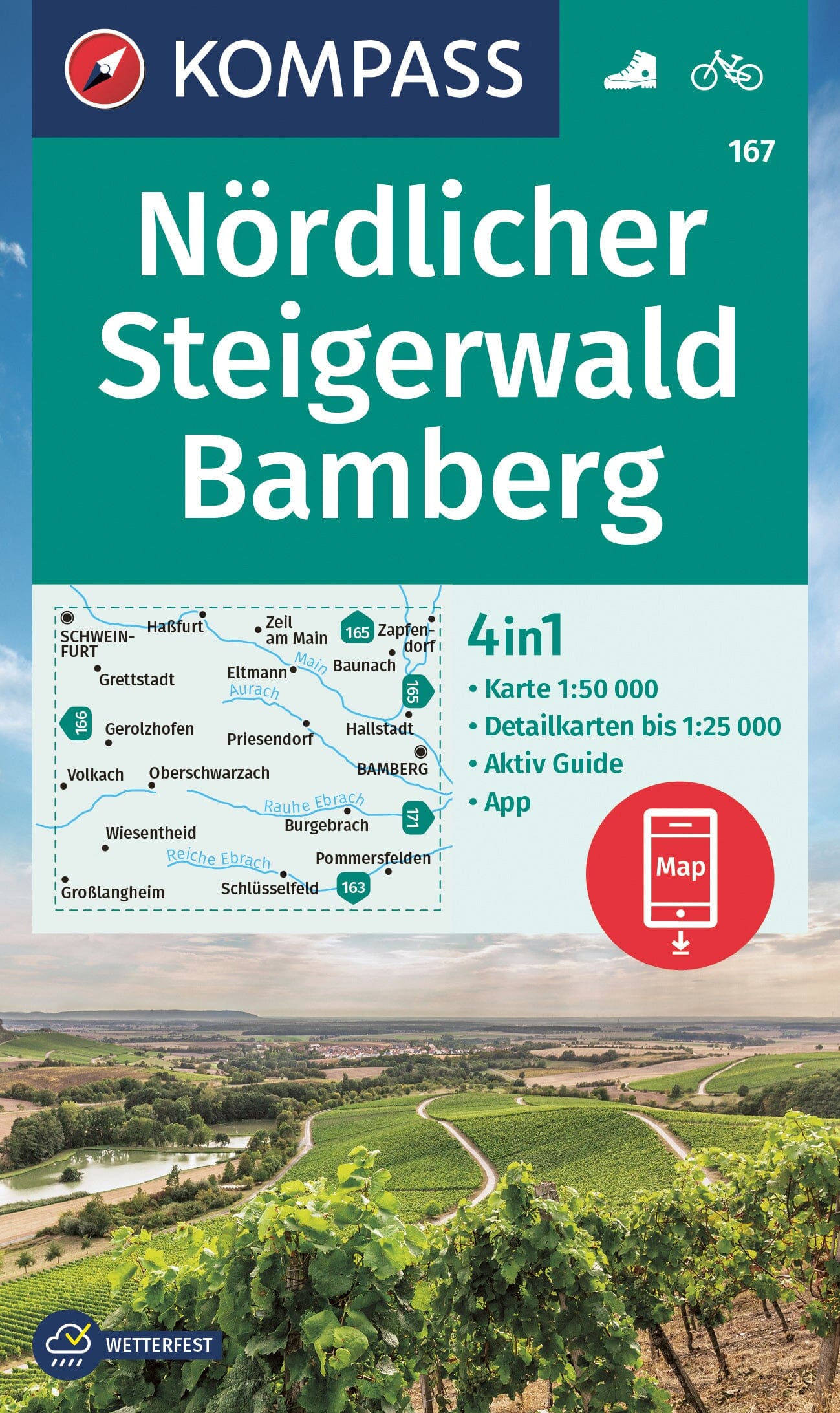 Carte de randonnée n° 167 - Steigerwald Nördlicher, Bamberg + Aktiv Guide (Allemagne) | Kompass carte de randonnée Kompass