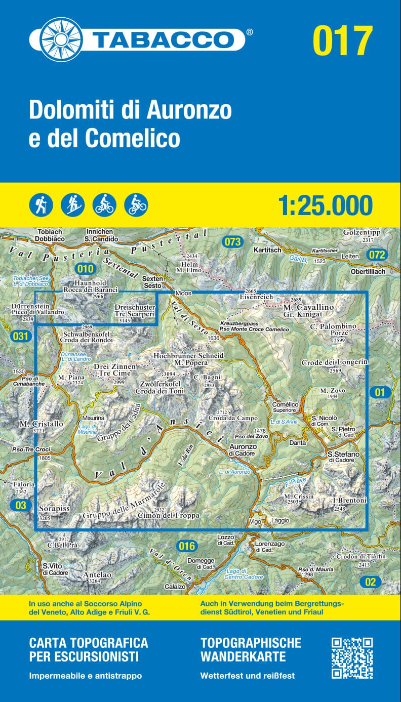 Carte de randonnée n° 17 - Dolomiti di Auronzo e del Comelico (Dolomites, Italie) | Tabacco carte pliée Tabacco 